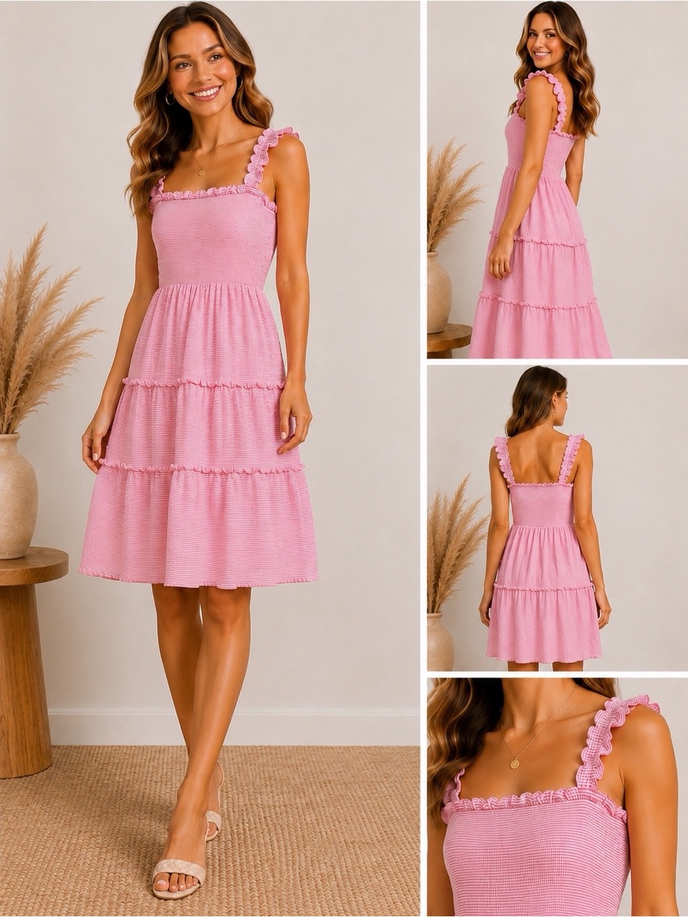 J.Crew Pink Stripe Smocked Lined Tiered Midi Dress Medium Ruffle Cottagecore